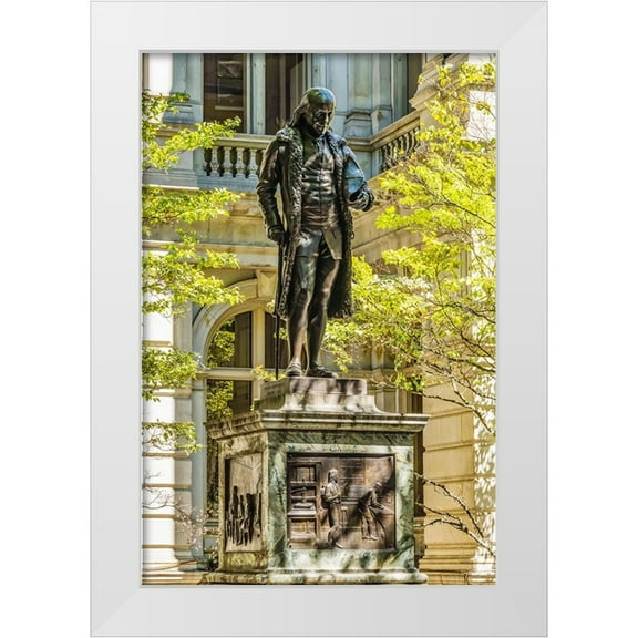 Perry, William 11x14 White Modern Wood Framed Museum Art Print Titled - Benjamin Franklin Statue-Boston-Massachusetts-Front of the Boston Latin School founded 1635-Statue