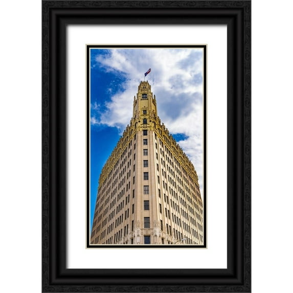 Perry, William 12x18 Black Ornate Wood Framed with Double Matting Museum Art Print Titled - Emily Morgan West Hotel Texas Flag Next to Alamo-San Antonio-Texas Emily West-yellow Rose of Texas