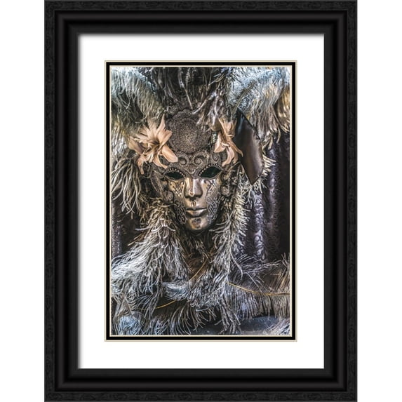 Perry, William 13x18 Black Ornate Wood Framed with Double Matting Museum Art Print Titled - Silver Venetian mask feathers-Venice-Italy-Used since 1200s for Carnival-Also used for Mardi Gras