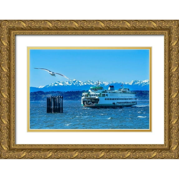 Perry, William 14x11 Gold Ornate Wood Framed with Double Matting Museum Art Print Titled - Seagull and Washington State Ferry-Olympic Mountains-Edmonds-Washington State