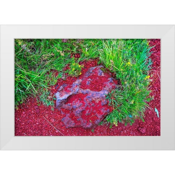 Perry, William 14x11 White Modern Wood Framed Museum Art Print Titled - Red Volcanic Stone green Grass Kerio Volcano Crater blue Lake Golden Falls Golden Circle