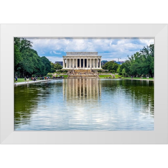 Perry, William 14x11 White Modern Wood Framed Museum Art Print Titled - Reflecting Pool-Lincoln Memorial columns-Washington DC-Dedicated 1922-statue by Daniel French