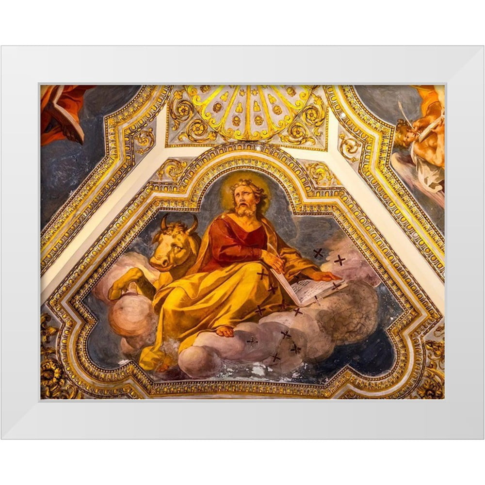 Perry, William 14x12 White Modern Wood Framed Museum Art Print Titled - Saint Luke Fresco Ceiling Santa Maria Maggiore-Rome-Italy Built 422-432-in honor of Virgin Mary