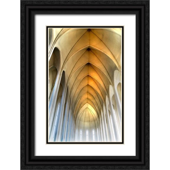 Perry, William 17x24 Black Ornate Wood Framed with Double Matting Museum Art Print Titled - Tall Columns Windows Ceiling Hallgrimskirkja Large Lutheran Church-Reykjavik-Iceland