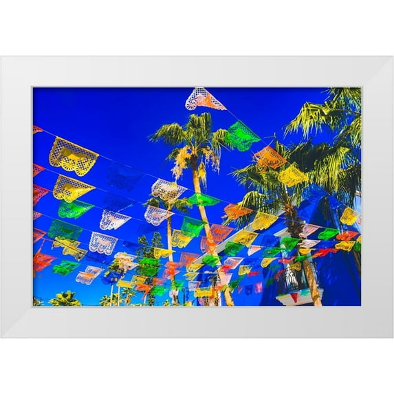Perry, William 18x13 White Modern Wood Framed Museum Art Print Titled - Colorful Mexican Christmas paper decorations-San Jose del Cabo-Mexico
