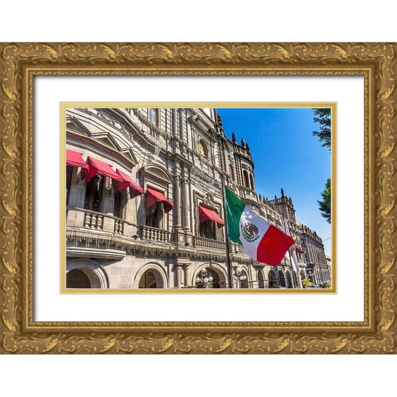 Perry, William 18x14 Gold Ornate Wood Framed with Double Matting Museum Art Print Titled - Mexican Flag Major Shopping Street Government Buildings Hotel Zocalo-Puebla-Mexico
