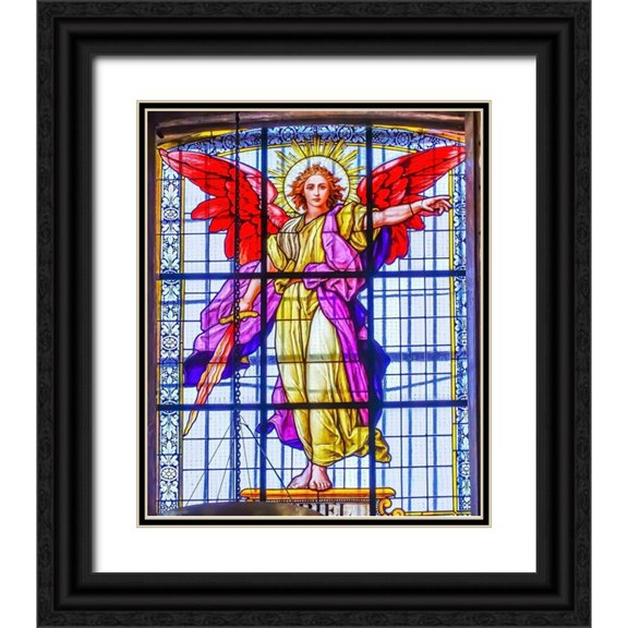 Perry, William 20x23 Black Ornate Wood Framed with Double Matting Museum Art Print Titled - Colorful Archangel Uriel Stained glass Cathedral Puebla-Mexico Built in 15 to 1600s