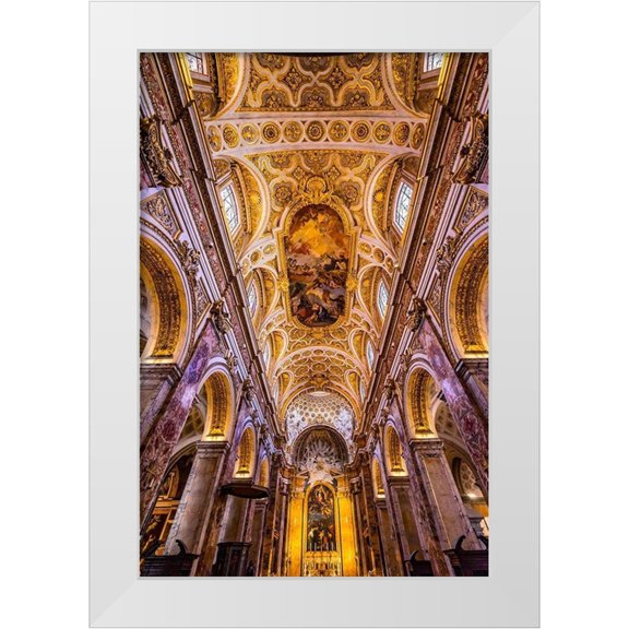 Perry, William 23x32 White Modern Wood Framed Museum Art Print Titled - Tall Arches Nave Ceiling Frescos Saint Louis of French Basilica Church-Rome-Italy