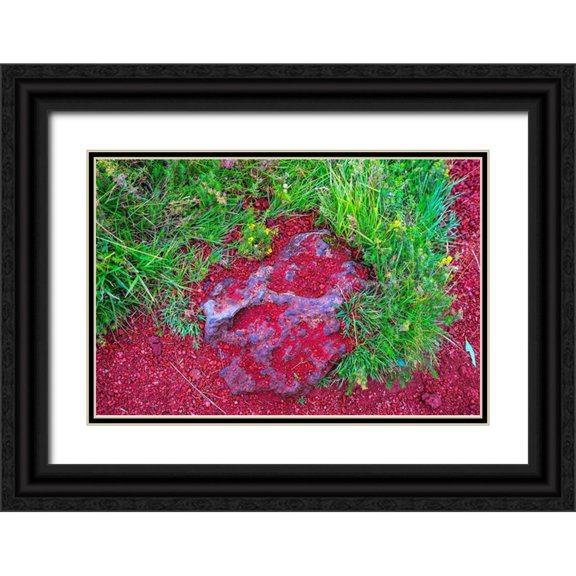 Perry, William 24x17 Black Ornate Wood Framed with Double Matting Museum Art Print Titled - Red Volcanic Stone green Grass Kerio Volcano Crater blue Lake Golden Falls Golden Circle