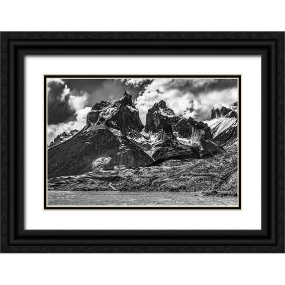 Perry, William 24x17 Black Ornate Wood Framed with Double Matting Museum Art Print Titled - Black and white Large Pehoe Lake Lago Paine Horns three granite peaks-Torres del Paine National Par