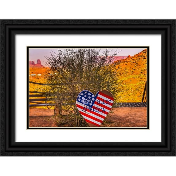 Perry, William 24x17 Black Ornate Wood Framed with Double Matting Museum Art Print Titled - God Bless America sign-Monument Valley-Utah