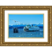 Perry, William 24x17 Gold Ornate Wood Framed with Double Matting Museum Art Print Titled - Seagull and Washington State Ferry-Olympic Mountains-Edmonds-Washington State