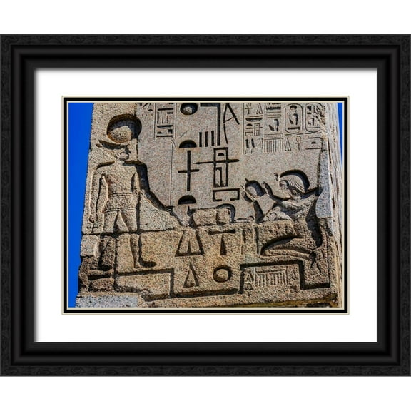Perry, William 24x19 Black Ornate Wood Framed with Double Matting Museum Art Print Titled - Egyptian Figures Hieroglyphics Obelisk Piazza Popolo-Rome-Italy