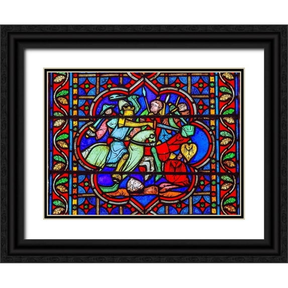 Perry, William 24x19 Black Ornate Wood Framed with Double Matting Museum Art Print Titled - Knights Fighting Swords Horses Battle War stained glass-Notre Dame Cathedral-Paris-France