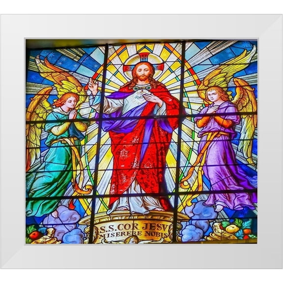Perry, William 29x26 White Modern Wood Framed Museum Art Print Titled - Colorful Jesus Archangels Stained glass Cathedral Puebla-Mexico Church built in 15 to 1600s