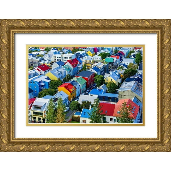 Perry, William 32x23 Gold Ornate Wood Framed with Double Matting Museum Art Print Titled - Colorful red green blue yellow Houses Cars Streets-Reykjavik-Iceland