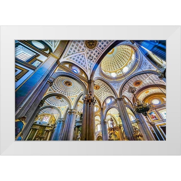 Perry, William 32x23 White Modern Wood Framed Museum Art Print Titled - Basilica ceiling Dome Stained glass Cathedral Puebla-Mexico Built in 15 to 1600s