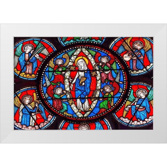 Perry, William 32x23 White Modern Wood Framed Museum Art Print Titled - Virgin Mary-Angels stained glass-Notre Dame Cathedral-Paris-France
