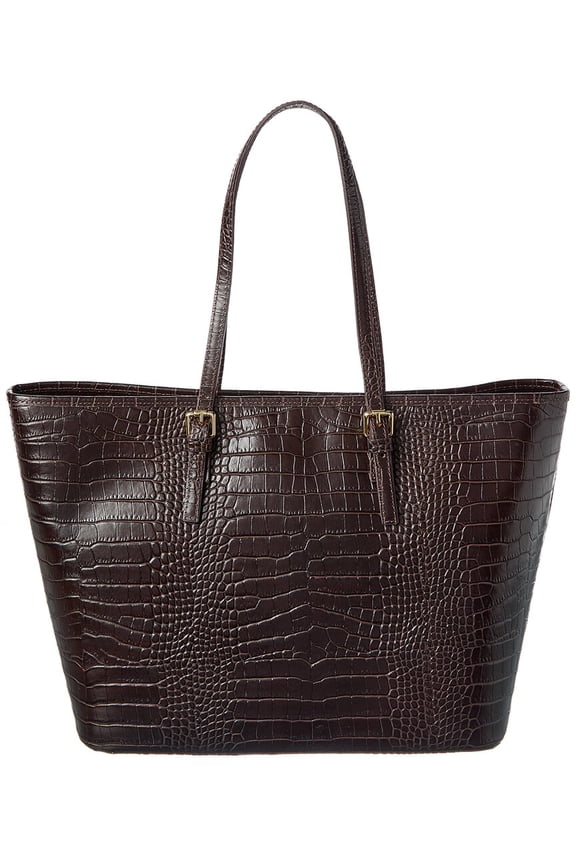 New York Penny Croc-Embossed Leather Tote, Brown