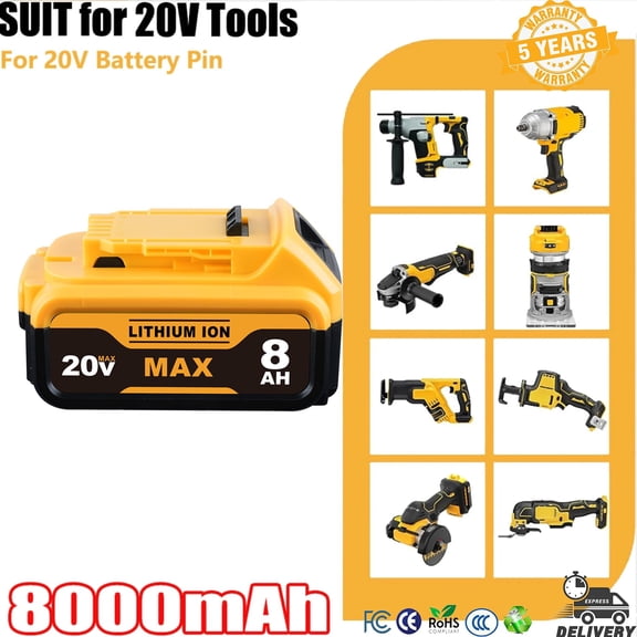 Persever 1Pack 8.0Ah DCB205 Replace for Dewalt 20V Max Li-on Battery Pin, DCB201 DCB180 DCB203 DCB204 DCB206 Suit for 20V Cordless Power Tools and Li-on Chargers,with LED Indicator