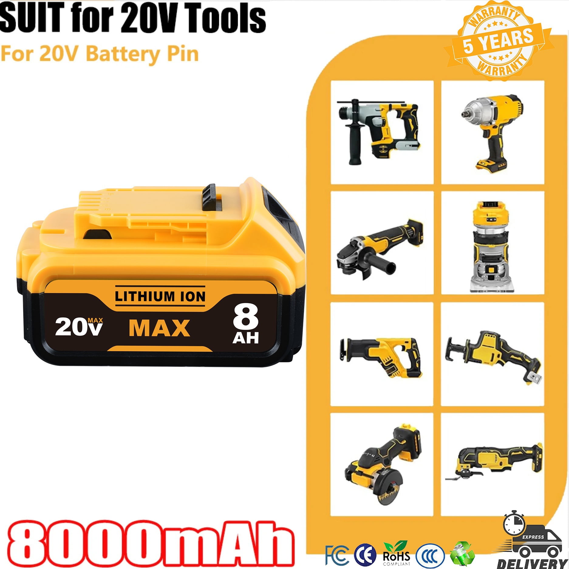 Persever 1Pack 8.0Ah DCB205 Replace for Dewalt 20V Max Li-on Battery Pin, DCB201 DCB180 DCB203 DCB204 DCB206 Suit for 20V Cordless Power Tools and Li-on Chargers,with LED Indicator