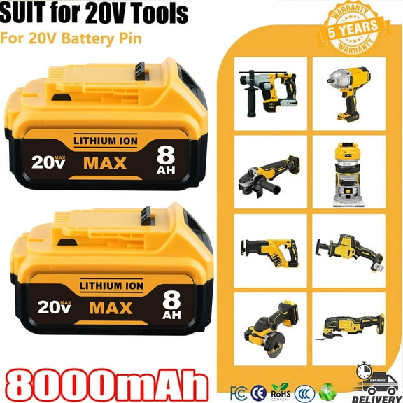 Persever 2-Pack 20V 8000mAh DCB200 Replacement for Dewelt 20V MAX Li-on Battery - Compatible with DCB205 DCB206 DCB207 DCB201 and Cordless Tools, High Capacity & Long-Lasting Power