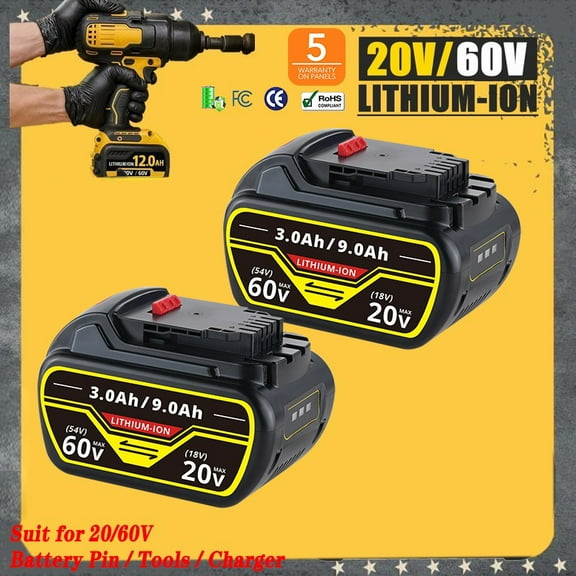 Persever 2Pcs 60V Battery, 9Ah 20V/60V Max Replacement for Dewalt Li-on Battery DCB606 DCB609 DCB612 DCB615 Compatible with 20V/60V Power Tools & Chargers DCB101 DCB115 DCB1106 DCB1112