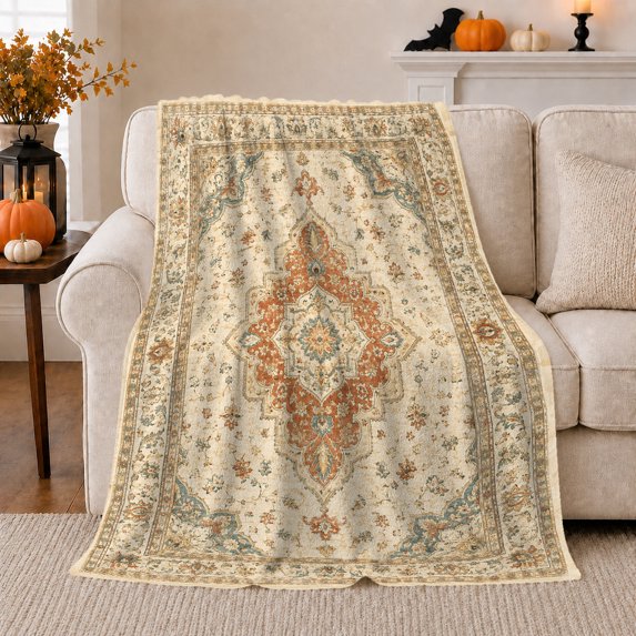 Persian Artwork-Inspired Autumn Harvest Living Room, Cozy Botanical Garden Scene, Warm Flannel Blanket for Sunroom and Reading Nook, Garden Lovers Thanksgiving Gift, Artistic Home Decor