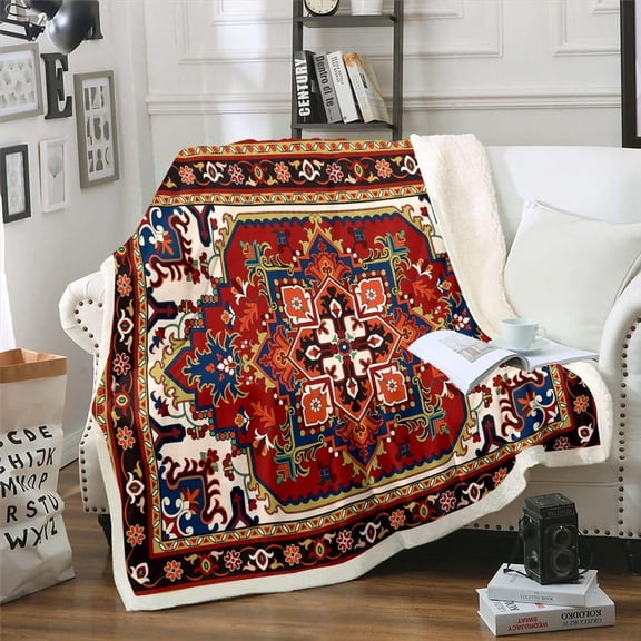 Persian Blanket Red Oriental Medallion Throw Blanket for Bed, Hippie Mandala Fleece Blanket Twin Size Tribal Bohemian Sherpa Blanket, Traditional Vintage Fuzzy Blanket