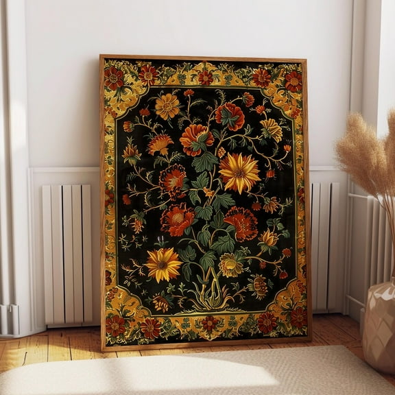 Persian Botanical Flower Wall Art Poster - Luxurious Floral Pattern With Ornate Gold Accents Wall Art, Modern Wall Decor, 8x12 UNFRAMED