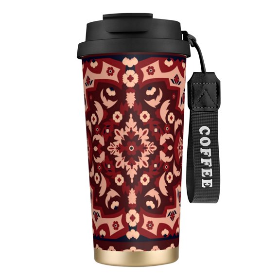Persian Carpet Indian Arabesque Abstract 316 Stainless Steel Coffee Tumbler with Lid Straw, Vacuum Insulated Travel Mug, Reusable Coffee Cup with Wrist Strap