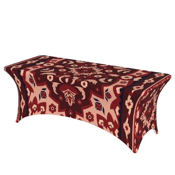 Persian Carpet Indian Arabesque Abstract Stretch Rectangular Table Cover 6FT Elastic Fitted Tablecloth for Parties, Weddings, Banquets