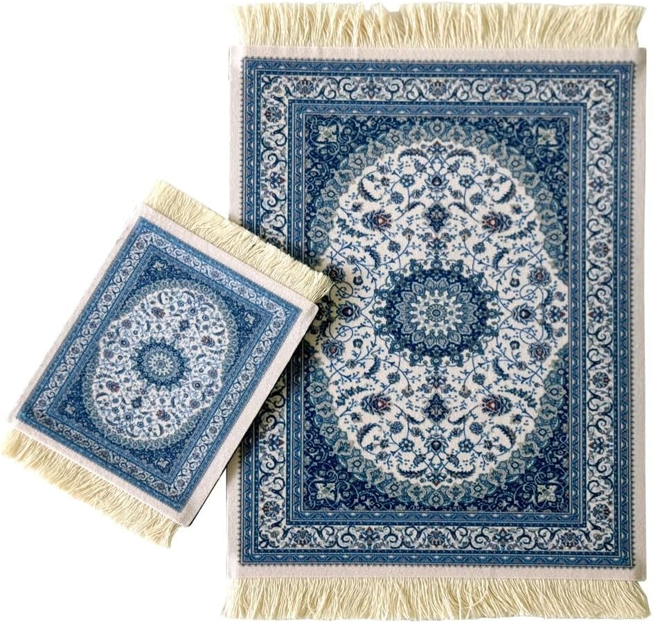 Set Of 4 Oriental Rug Style Mouse Pads – 10x7\", Non-Slip Back, Blue Beige Design, With Fringes