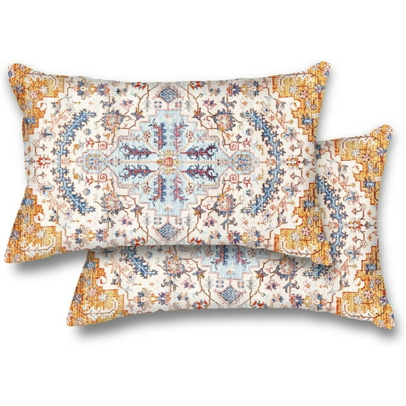 Persian Carpet Tribal Yellow Pattern Throw Pillow Cover Set of 2 Persian Ethnic Geometric Chaotic Pillow Case Men Women Boy Girl Room Cushion Cover for Home 12x20 Inch Decorative