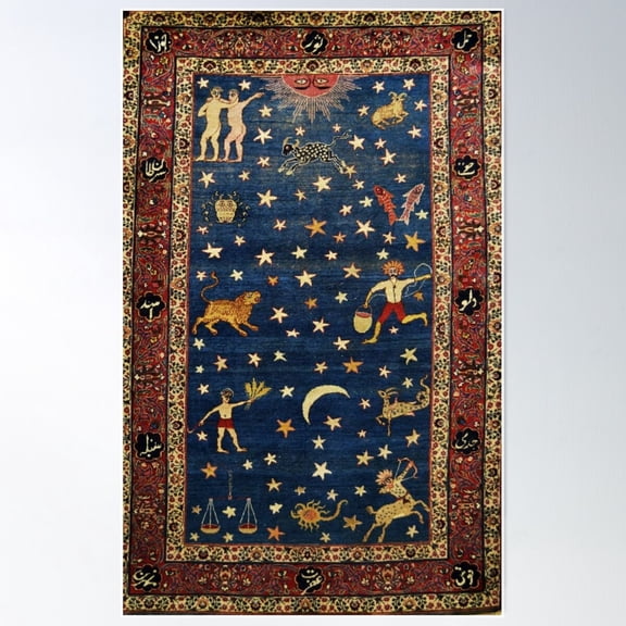 Persian Carpet With Zodiacal Signs Stars In Blue Sky Poster Wall Art Modern Wall Decor For Living Room Bedroom Art