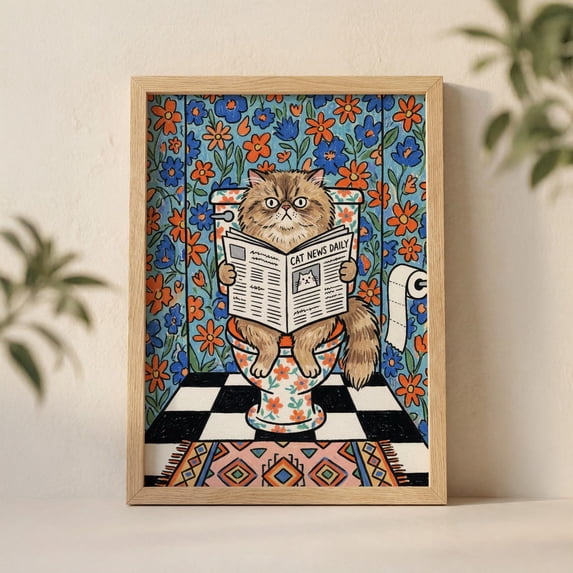 Persian Cat Reading Newspaper Wall Art Print, Floral Wallpaper And ...