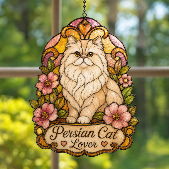 Persian Cat Suncatcher Acrylic 1 Layer for Cat Lovers, Floral Window Hanging Decor