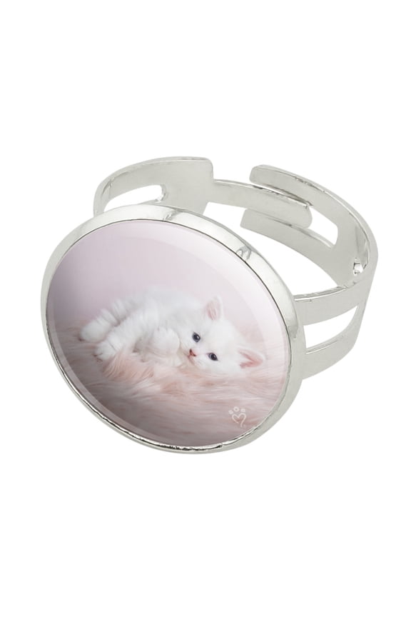Persian Cat White Kitten Fluffy Furry Blanket Silver Plated Adjustable Novelty Ring