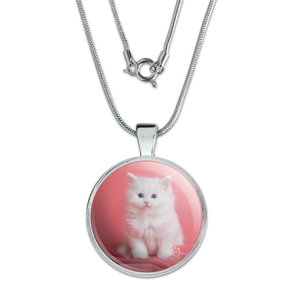 Persian Cat White Kitten on Fuchsia 1" Pendant with Sterling Silver Plated Chain