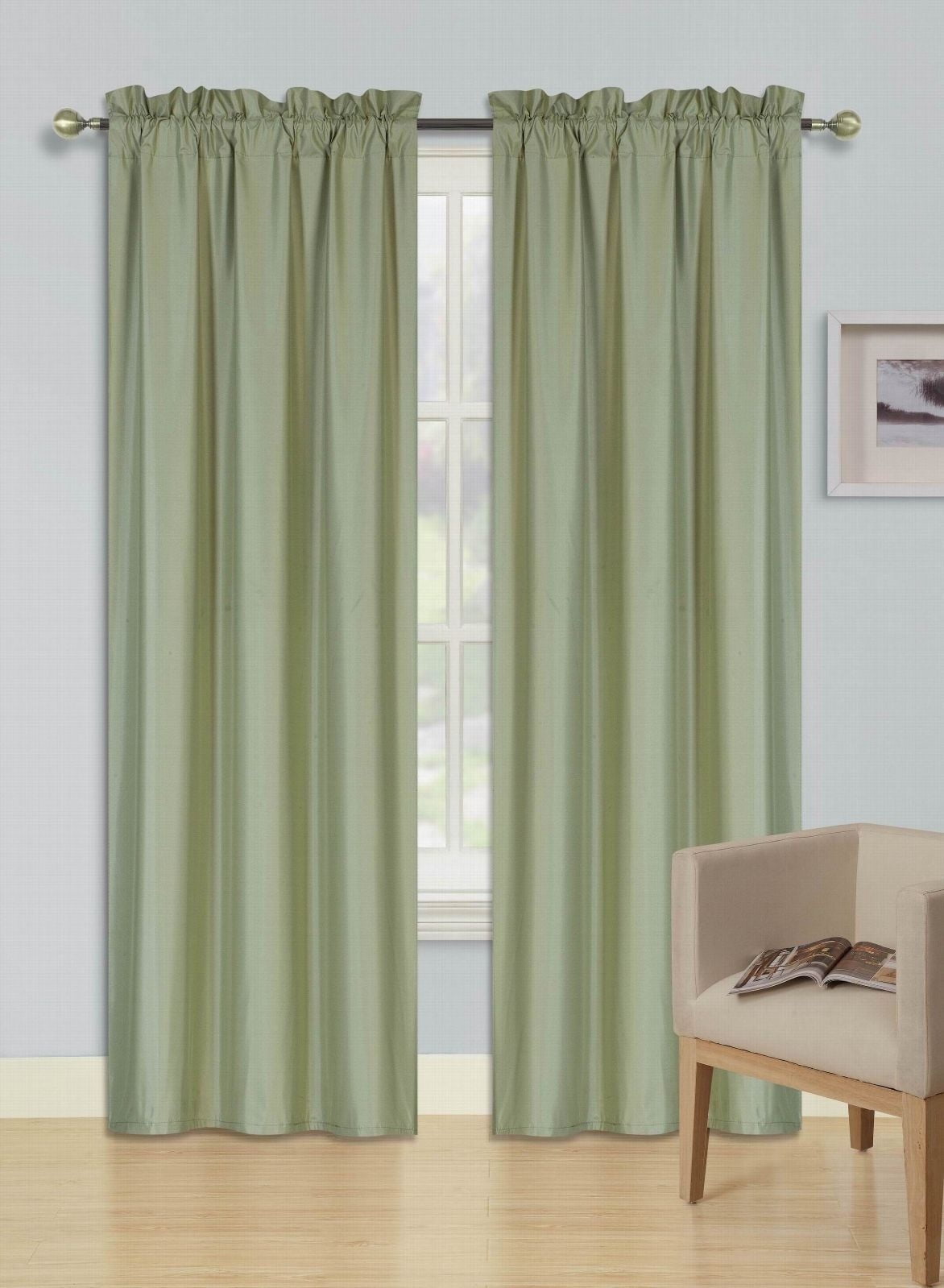 Persian Collection Matte (Not Shiny) 2 Panels Sage Green Solid Blackout Thermal Rod Pocket Foam Lined Window Curtain Drape R64 108 Length