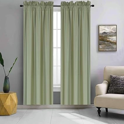 Persian Collection Matte (Not Shiny) 2 Panels Sage Green Solid Blackout Thermal Rod Pocket Foam Lined Window Curtain Drape R64 63 Length
