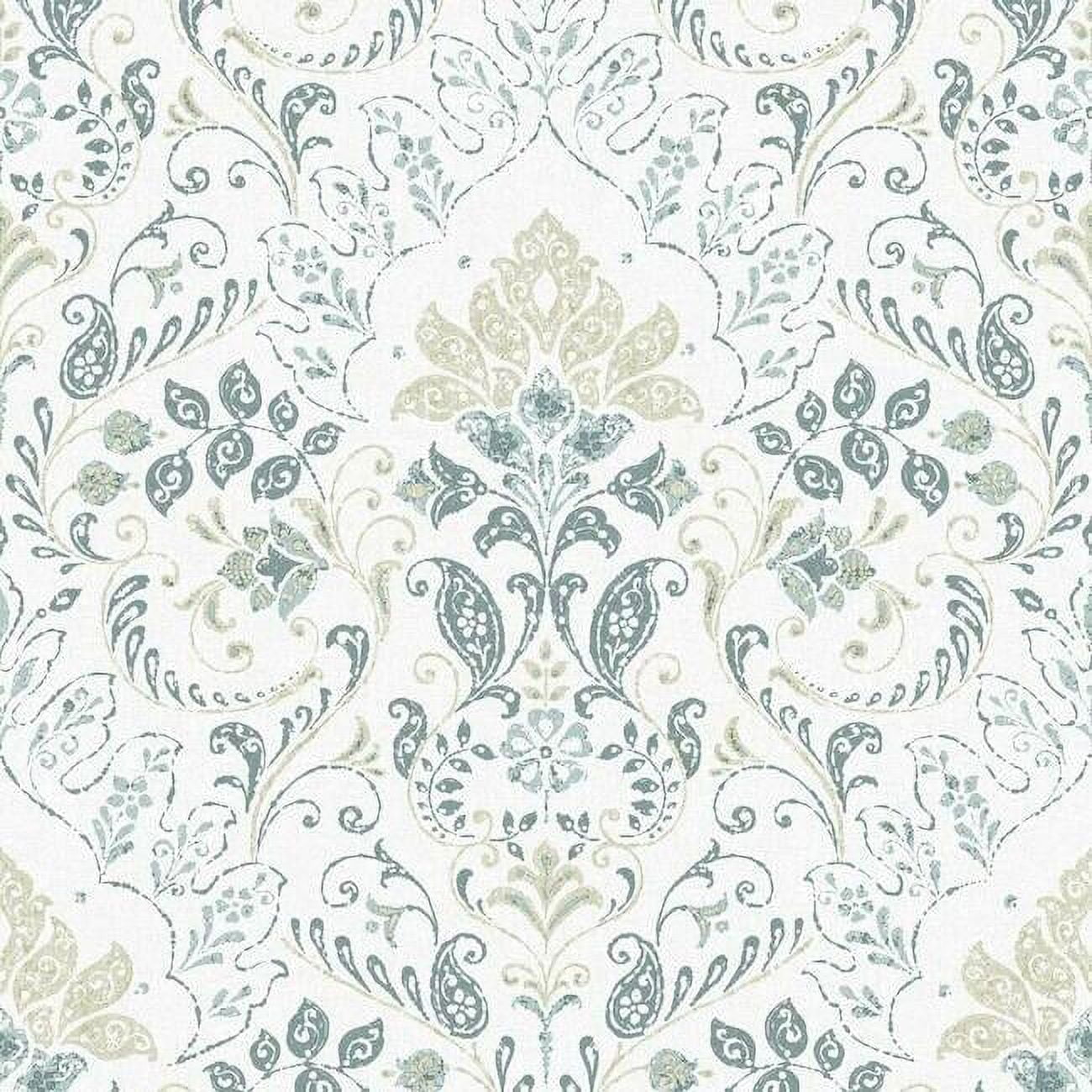 White and Blue Vinyl Damask Peel and Stick Wallpaper Roll