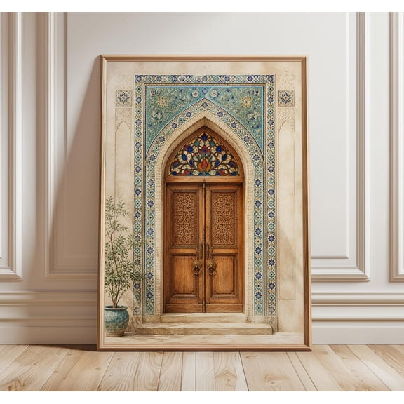 Persian Door Wall Art Islamic Archway Turquoise Tile Architecture Middle Eastern Home Decor, Unframed Paper Print