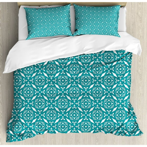 Persian Duvet Cover Set, Moroccan Geometrical Style Illustration with Oriental Floral Swirl Details, Decorative 3 Piece Bedding Set with 2 Pillow Shams, Queen Size, Teal White, by Ambesonne