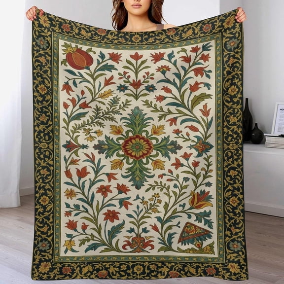 Persian Flannel Throw Blanket Vintage Middle Eastern Traditional Floral Mandala Pattern Soft Blanket for Home Couch Bed Sofa Chairs Travel Decor for All Seasons, 40x50in