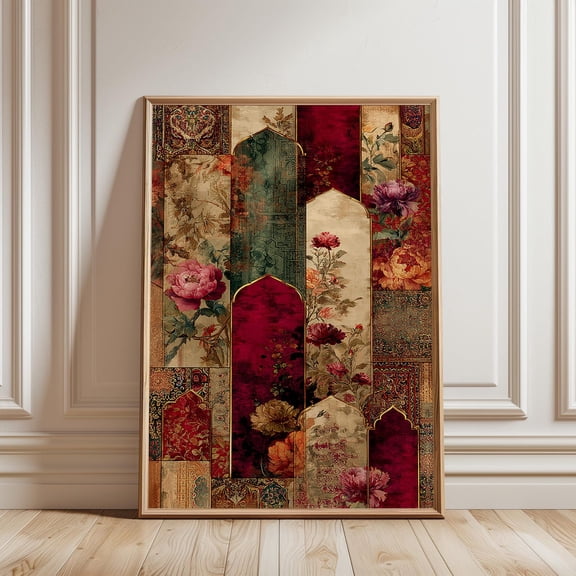 Persian Floral Arch Illustration Wall Art Print Inspired Red Gold Botanical Style Interior Decor Size 24x36 Unframed Poster