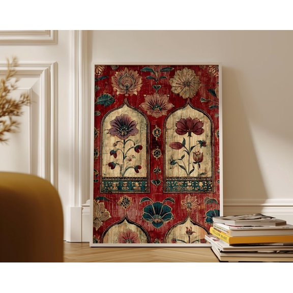 Persian Floral Arch Pattern Red Gold Tones Wall Art, Unframed Paper Poster 8x10in