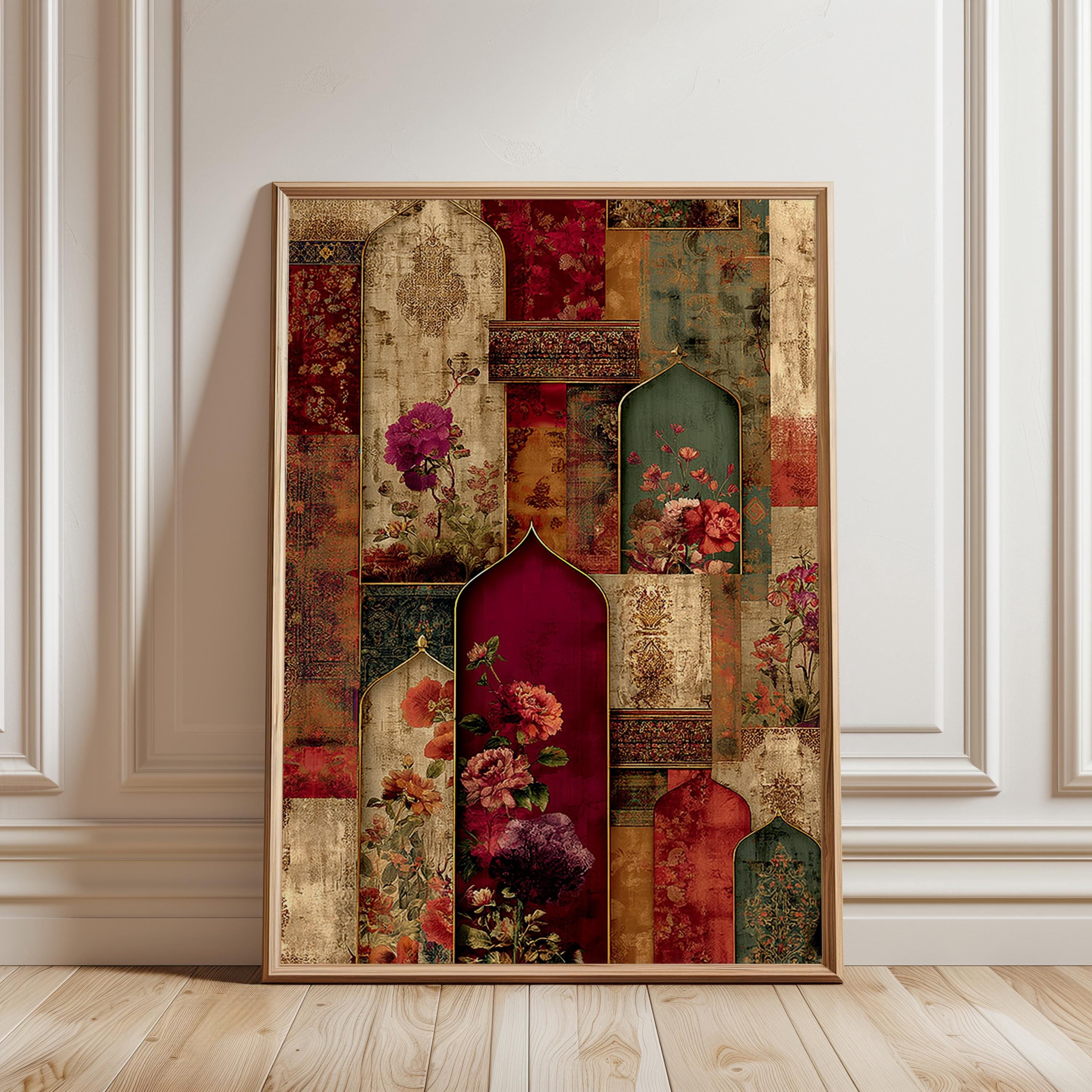 Persian Floral Arch Pattern in Red and Gold Tones, Persian Wall Decor ...