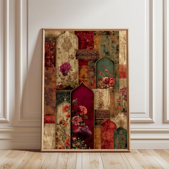 Persian Floral Arch Pattern in Red and Gold Tones, Persian Wall Decor (Unframed)