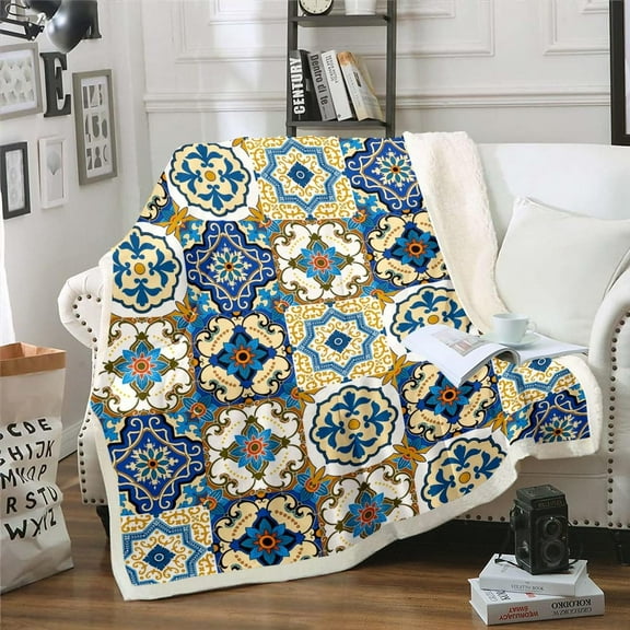 Persian Floral Medallion Throw Blanket for Couch Oriental Fleece Blanket, Tribal Flower Sherpa Blanket Throw Size Bohemian Hippie Blanket, Geometric Patchwork Bed Blanket for All Seasons Cozy